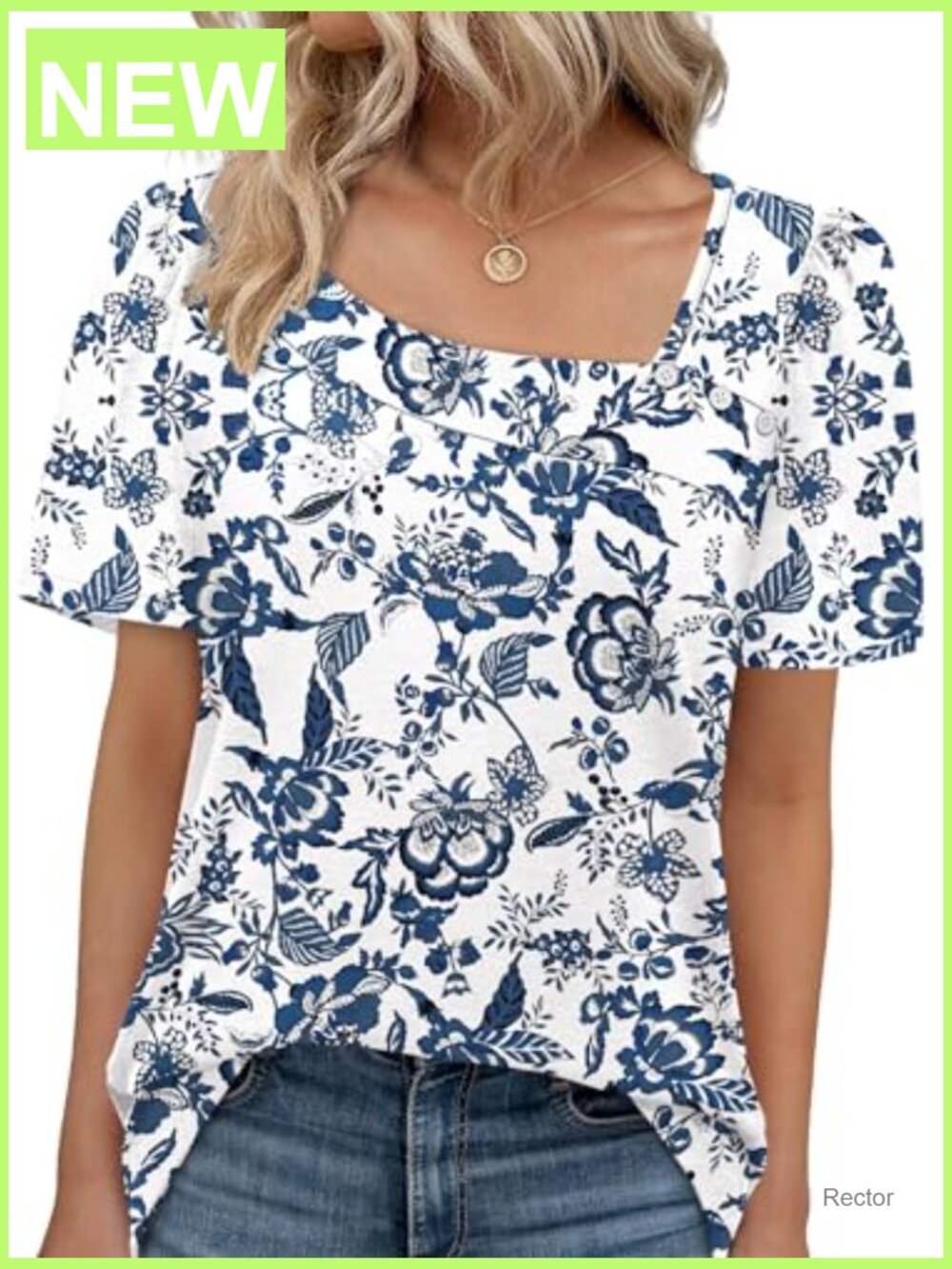 Women's Square Neck Puff Sleeve Blouse Short Sleeve Casual Tee - Picture 2 of 6